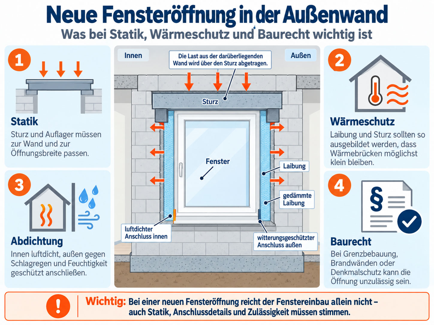Infografik zu einer neuen Fensteröffnung in der Außenwand mit Sturz, Auflagern, gedämmter Laibung, luftdichtem Innenanschluss, Wetterschutz außen sowie Hinweisen zu Statik, Wärmeschutz und Baurecht.