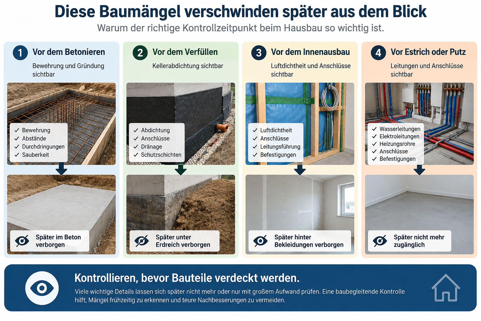 Infografik zeigt vier Kontrollzeitpunkte beim Hausbau: vor dem Betonieren, vor dem Verfüllen, vor dem Innenausbau sowie vor Estrich oder Putz.