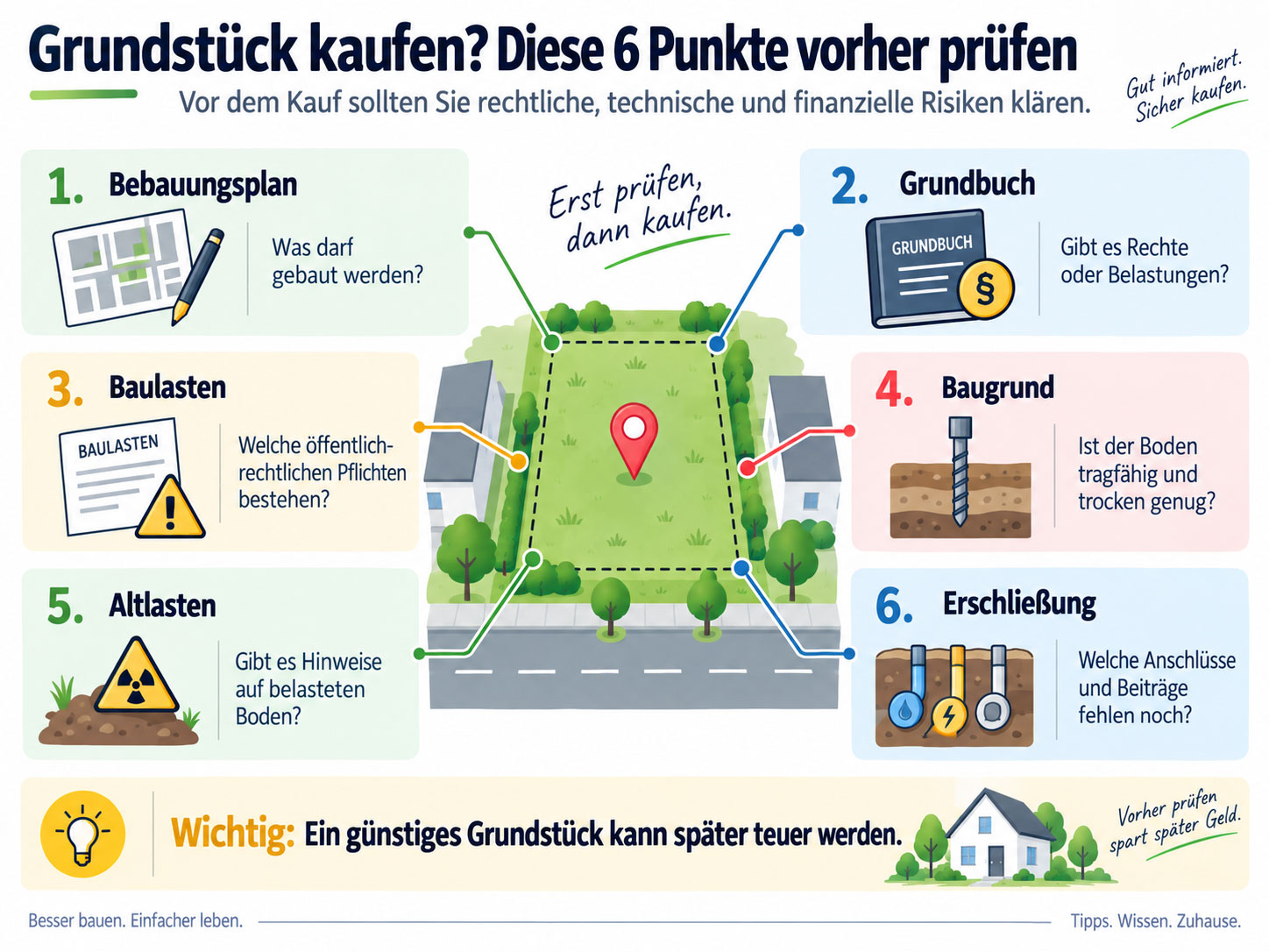 Infografik mit sechs wichtigen Prüfungen vor dem Grundstückskauf: Bebauungsplan, Grundbuch, Baulasten, Baugrund, Altlasten und Erschließung.