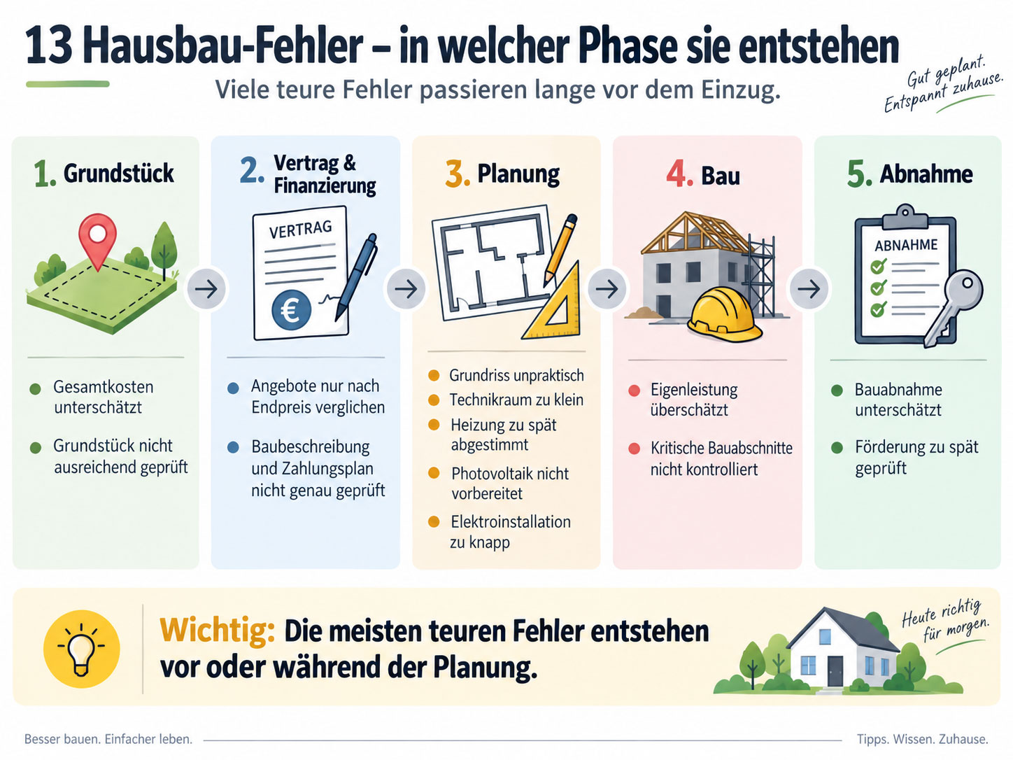 Infografik mit 13 typischen Hausbau-Fehlern, geordnet nach den Phasen Grundstück, Vertrag und Finanzierung, Planung, Bau und Abnahme.