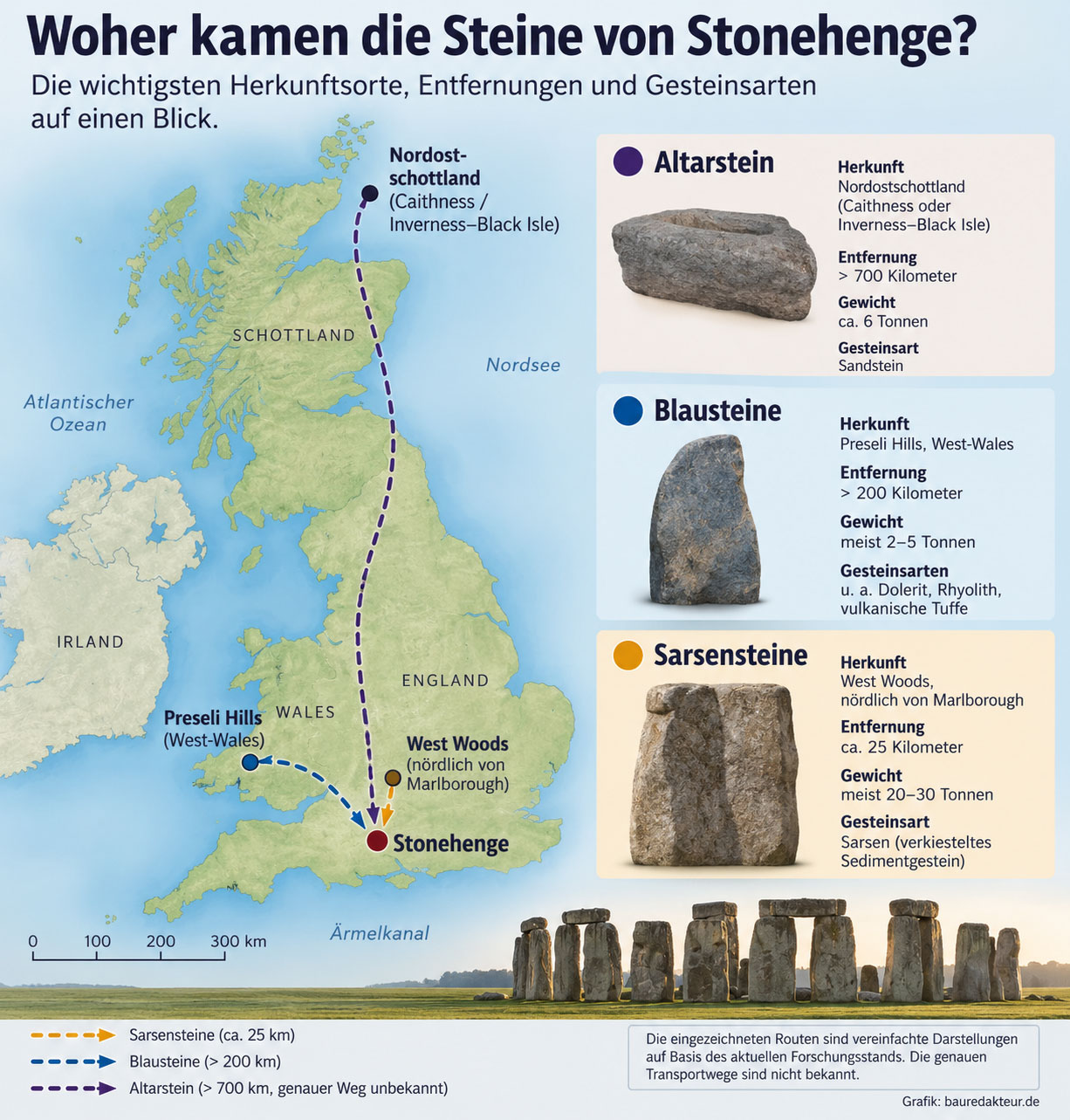 Infografik zur Herkunft der Stonehenge-Steine mit Karte Großbritanniens: Sarsensteine aus West Woods, Blausteine aus den Preseli Hills und Altarstein aus Nordostschottland.