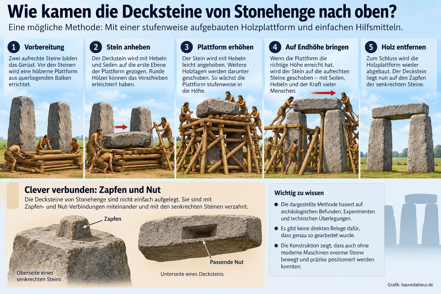 Infografik zeigt in fünf Schritten, wie ein Deckstein von Stonehenge mit Holzplattform, Hebeln und Seilen angehoben und auf Zapfen der stehenden Steine gesetzt worden sein könnte.