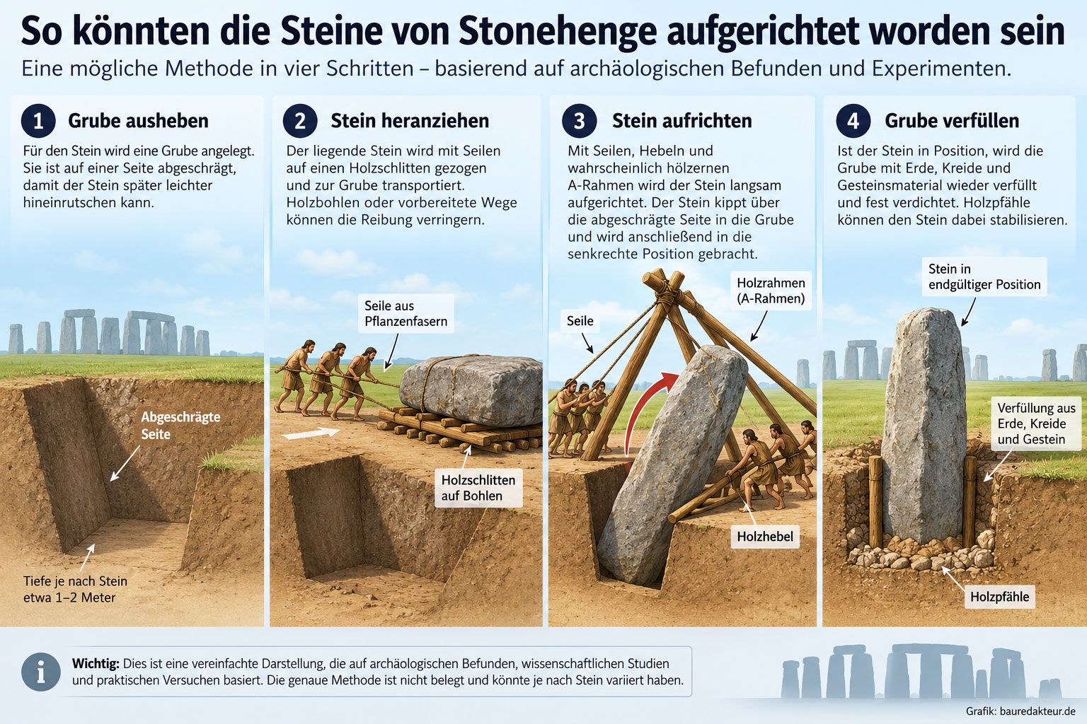 Infografik zeigt in vier Schritten eine mögliche Methode zum Aufrichten der Stonehenge-Steine mit Grube, Holzschlitten, Seilen, A-Rahmen und Hebeln.