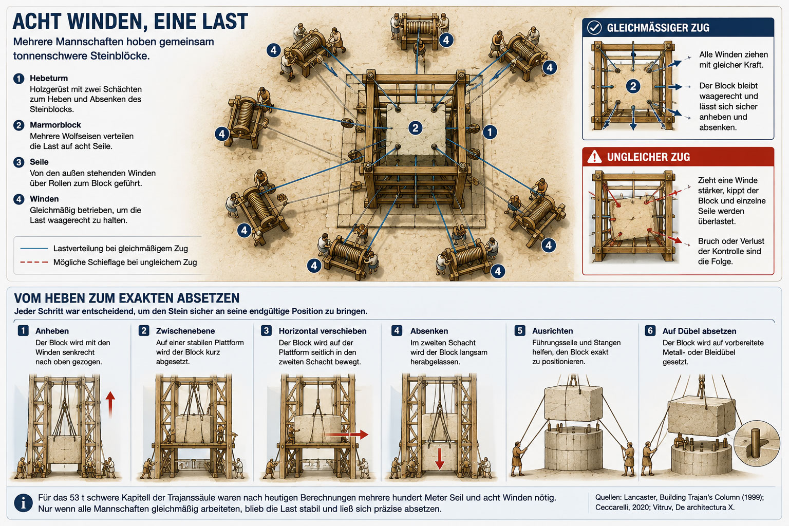 acht Winden heben die Last nach oben