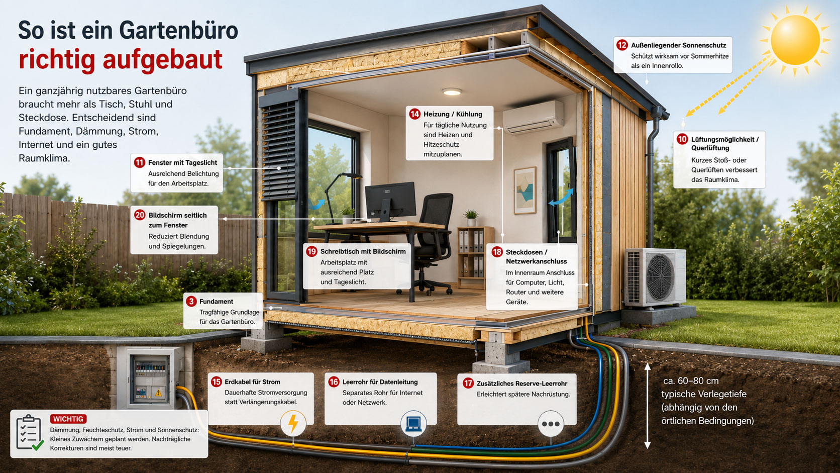 Infografik mit Schnittzeichnung eines Gartenbüros: dargestellt sind Fundament, Bodenaufbau, gedämmte Wand, Dach, Strom- und Datenleitungen, Sonnenschutz sowie Arbeitsplatz im Innenraum.