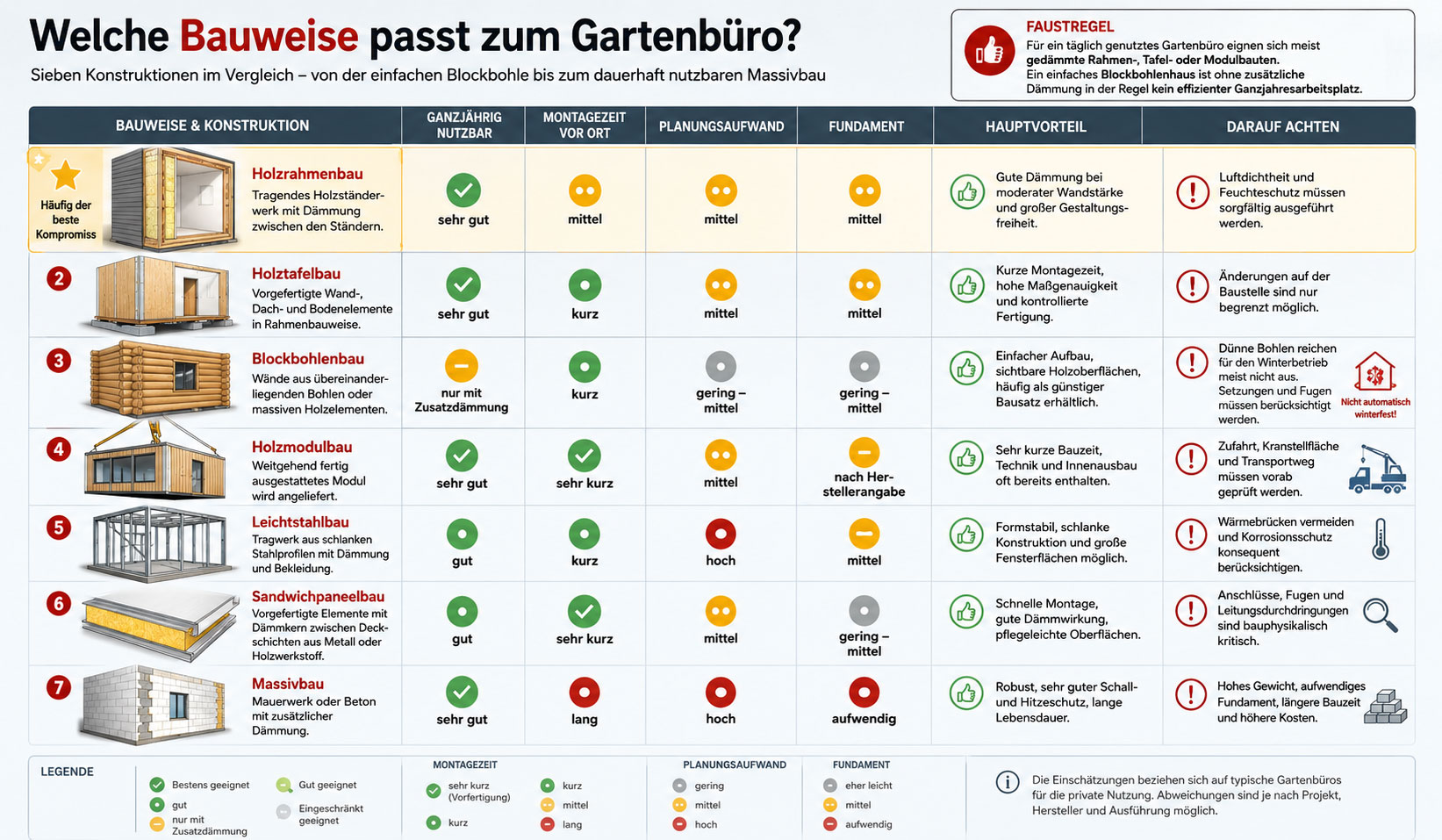 Infografik zum Vergleich verschiedener Bauweisen für Gartenbüros: Holzrahmenbau, Holztafelbau, Blockbohlenbau, Modulbau, Leichtstahlbau, Sandwichpaneelbau und Massivbau.