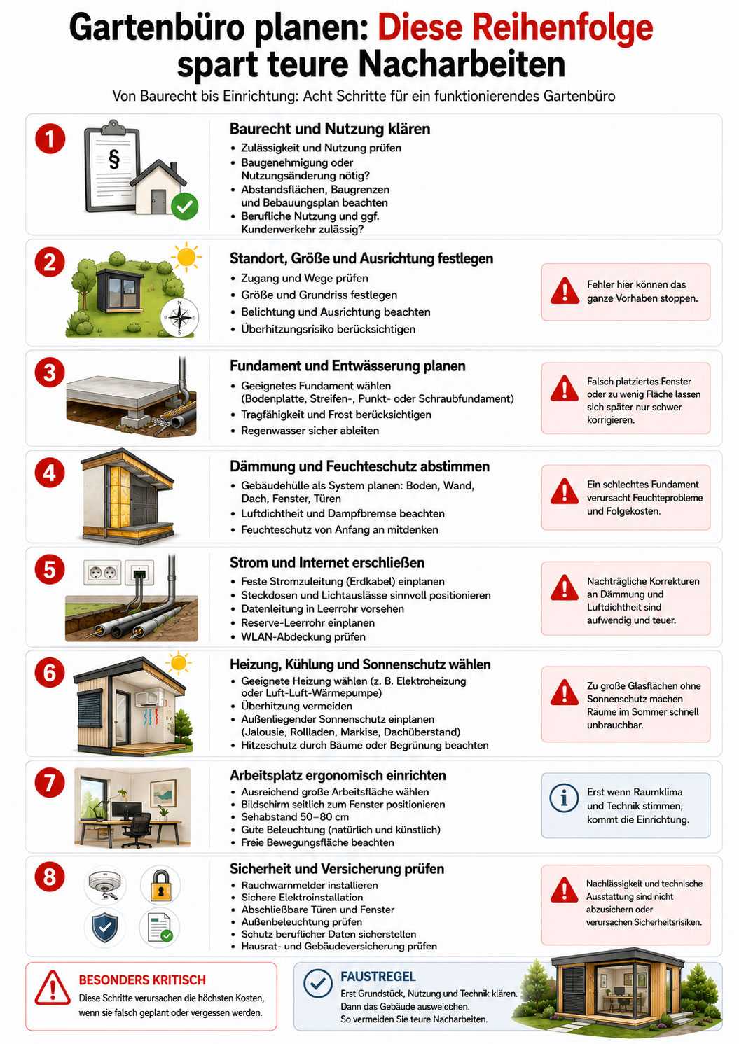 Infografik mit acht Planungsschritten für ein Gartenbüro: Baurecht, Standort, Fundament, Dämmung, Strom und Internet, Raumklima, Einrichtung sowie Sicherheit und Versicherung.