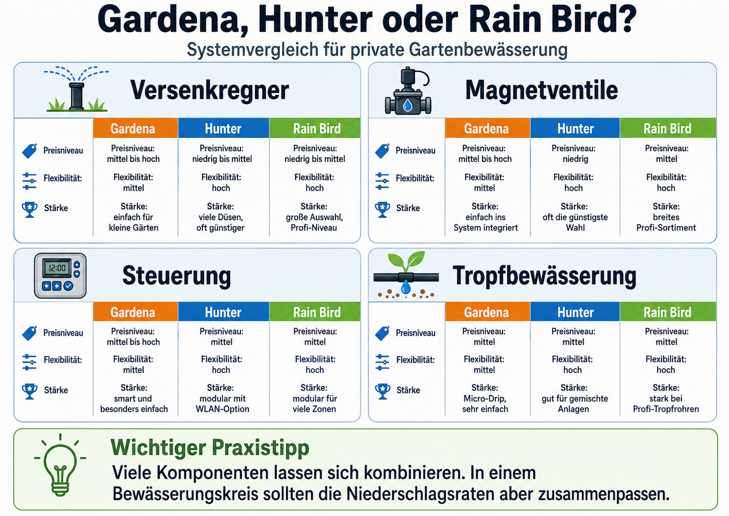 Gardena, Hunter und Rain Bird im Vergleuch