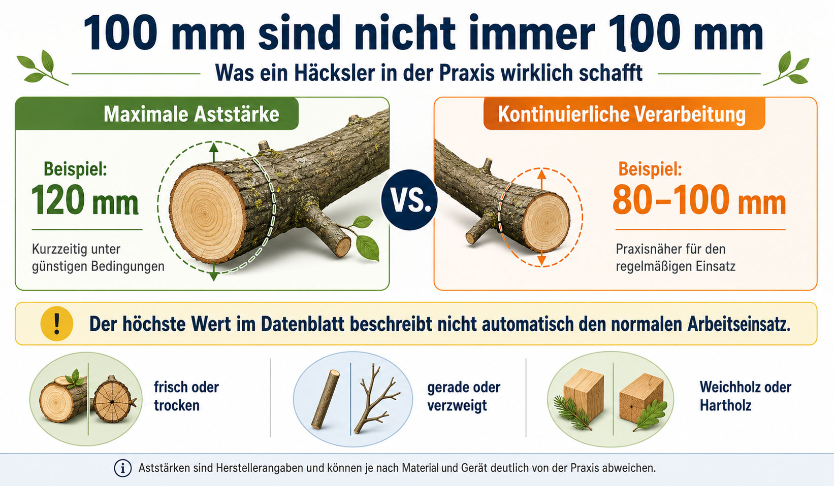 Maximale Aststärke ist nicht gleich Dauerleistung: Wie gut ein Häcksler Äste verarbeitet, hängt neben dem Durchmesser auch von Holzart, Feuchte und Verzweigung ab.