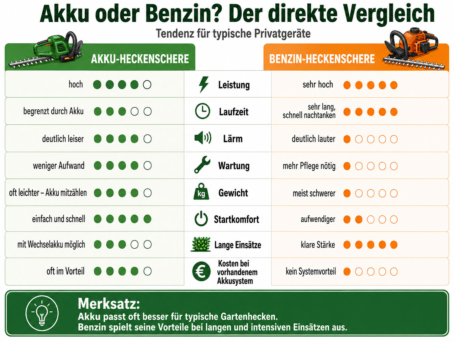 Akku-Heckenscheren punkten vor allem bei Lärm, Wartung und Bedienkomfort. Benzinmodelle bleiben im Vorteil, wenn über längere Zeit intensiv gearbeitet werden soll.