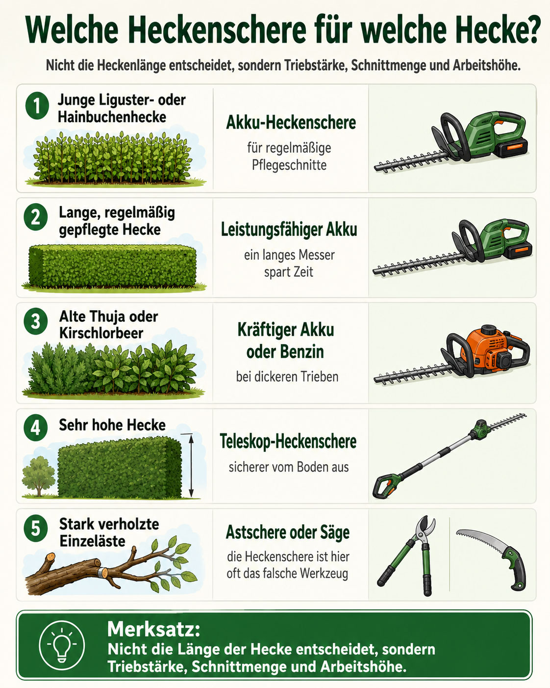 Welche Heckenschere passt, hängt weniger von der Länge der Hecke ab als von Triebstärke, Schnittmenge und Arbeitshöhe. Bei stark verholzten Ästen sind Astschere oder Säge oft die bessere Wahl.