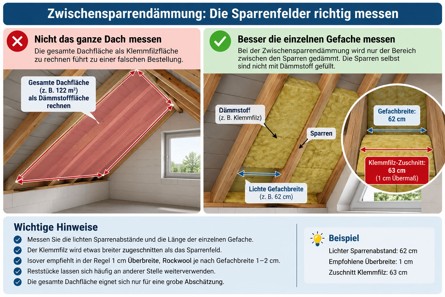 Infografik zur Zwischensparrendämmung mit Sparren, Gefachbreite und Klemmfilz; Beispiel mit 62 cm lichter Breite und 63 cm Zuschnitt.