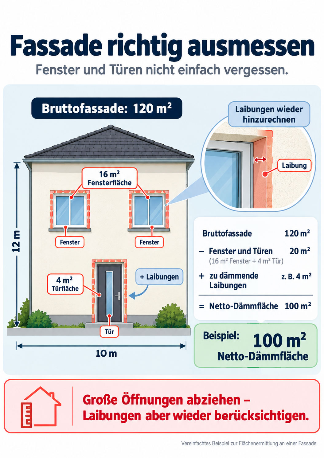 Hausfassade mit markierten Fenstern, Tür und Laibungen; dargestellt ist die Berechnung von der Bruttofassade über Öffnungen und Laibungen zur Netto-Dämmfläche.