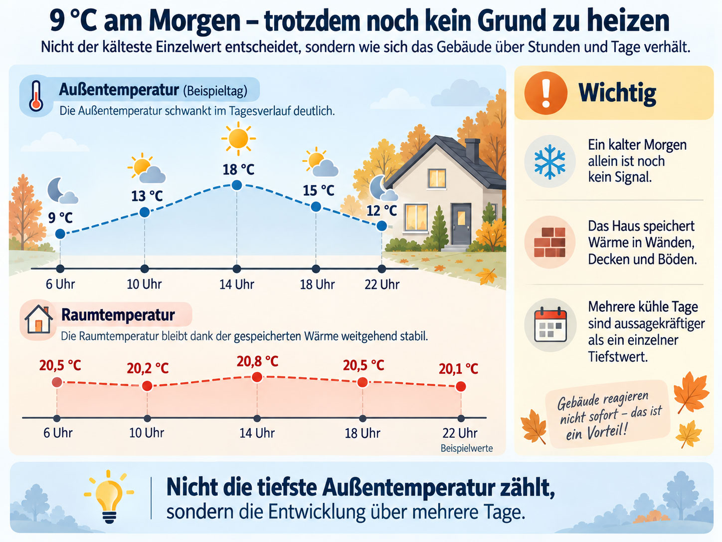 Beispielhafter Herbsttag mit Au&szlig;entemperaturen zwischen 9 und 18 &deg;C und weitgehend stabiler Raumtemperatur um 20 &deg;C als Erkl&auml;rung f&uuml;r die W&auml;rmespeicherung eines Geb&auml;udes.