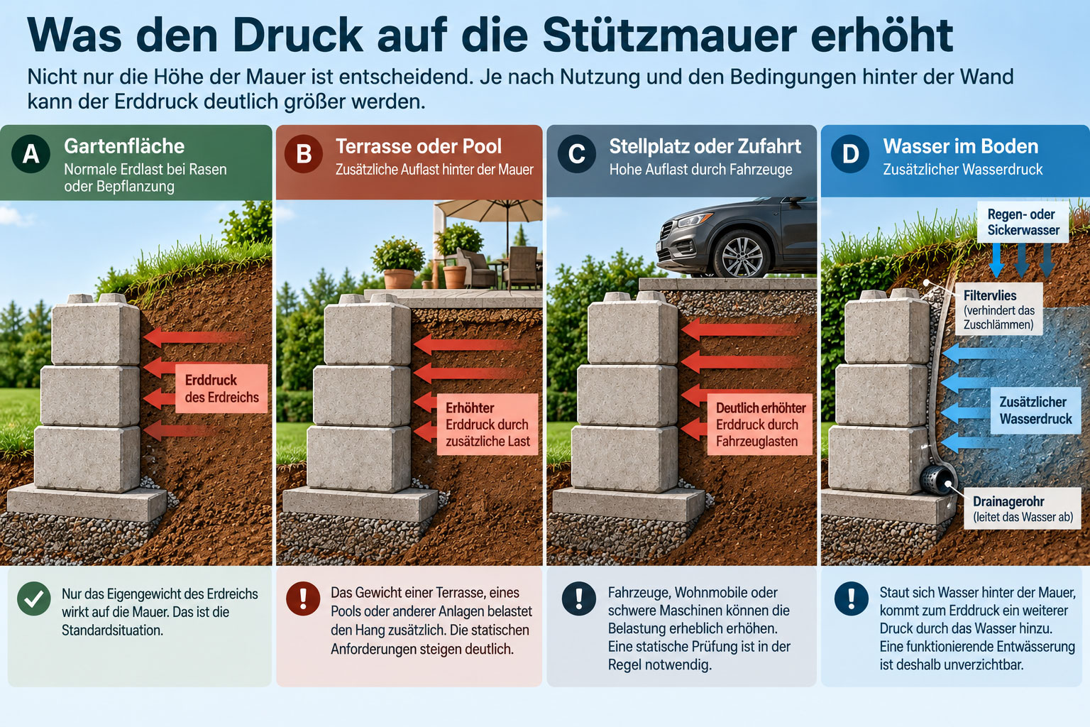 Vier Querschnitte zeigen die Belastung einer St&uuml;tzmauer durch Gartenfl&auml;che, Terrasse oder Pool, Fahrzeuge und aufgestautes Sickerwasser.