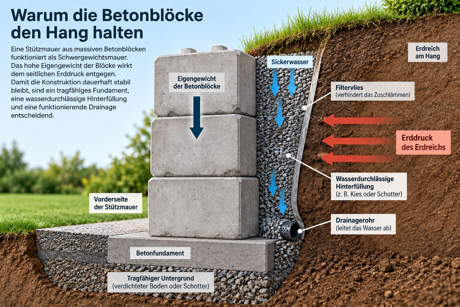 Querschnitt einer St&uuml;tzmauer aus gestapelten Betonbl&ouml;cken mit Erddruck, Eigengewicht, Drainage, Filtervlies und wasserdurchl&auml;ssiger Hinterf&uuml;llung.