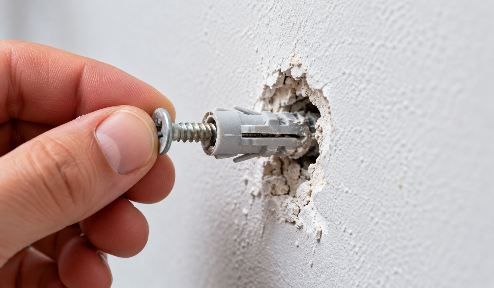 Hand zieht einen grauen Kunststoffdübel mit Schraube aus einem ausgebrochenen Bohrloch in einer verputzten Wand.