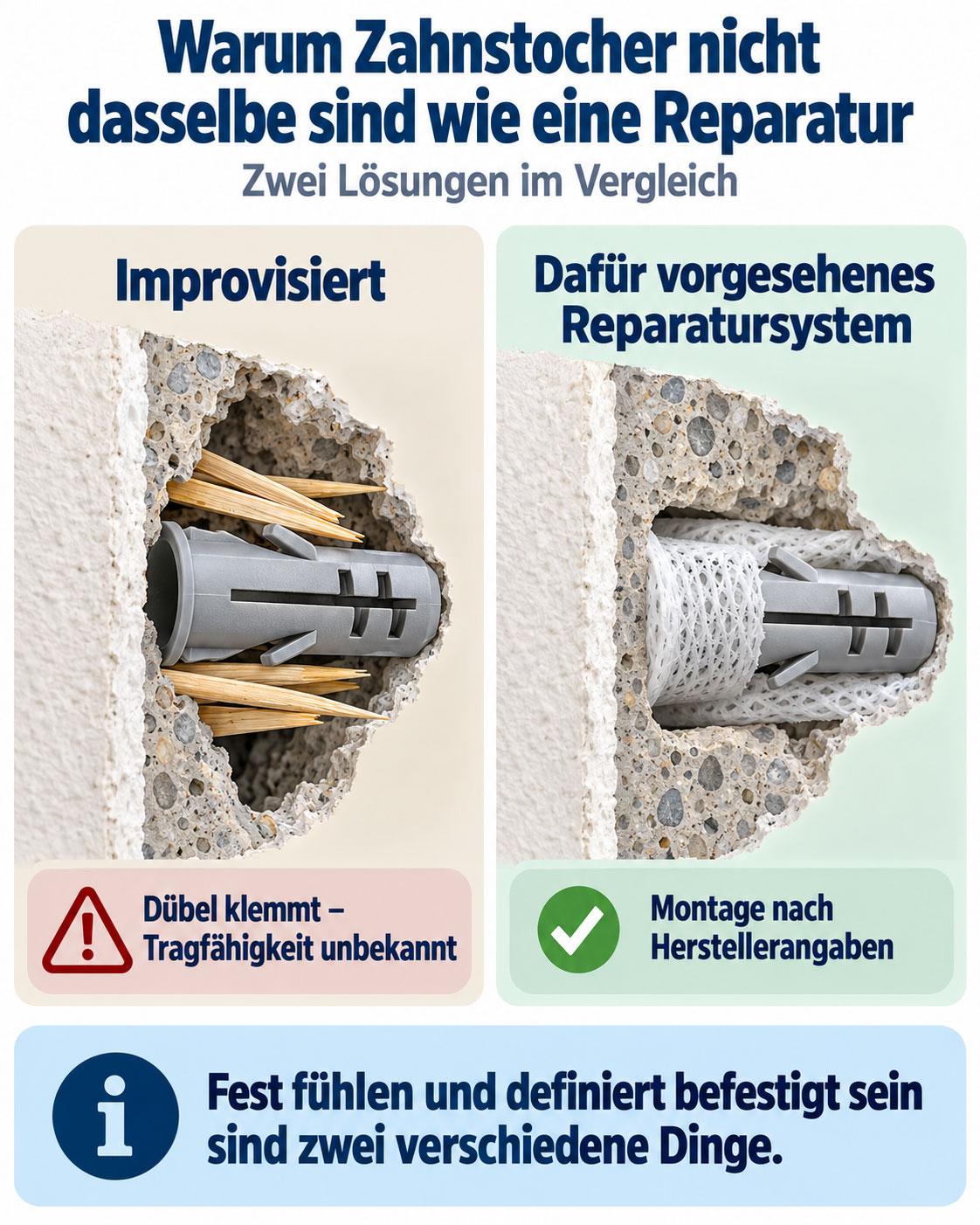 Vergleich eines mit Zahnstochern improvisierten Dübels mit einem Dübel in einem vorgesehenen Reparatursystem.