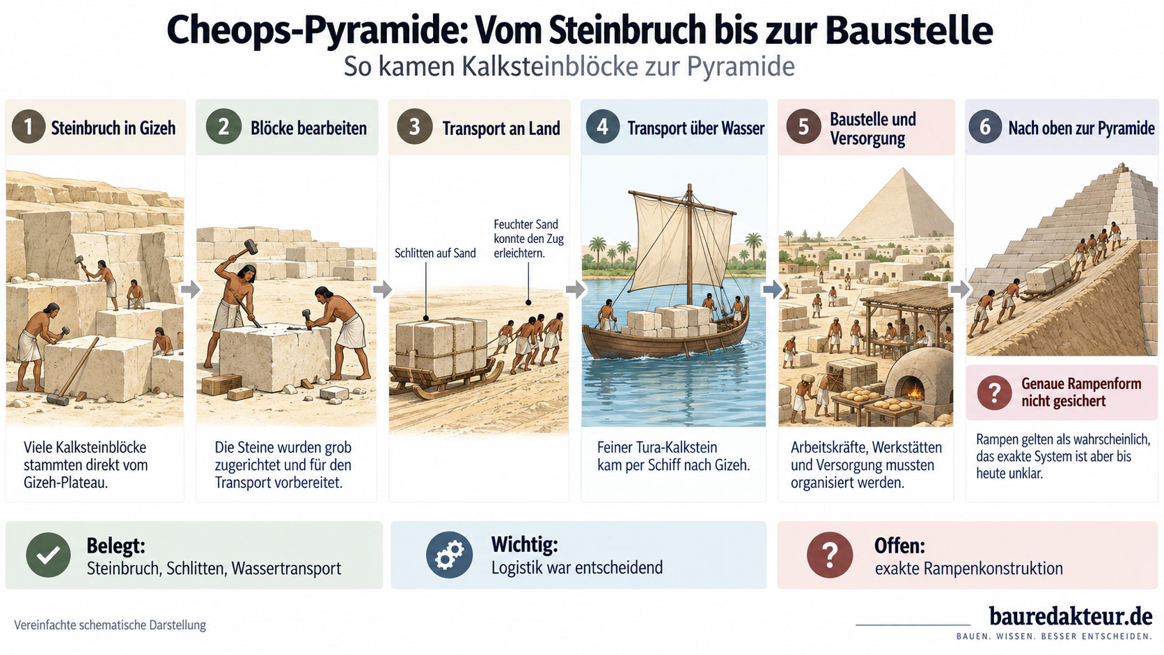 Infografik zum Bau der Cheops-Pyramide mit Steinbruch, Bearbeitung der Kalksteinbl&ouml;cke, Schlitten- und Wassertransport, Baustellenorganisation und ungekl&auml;rtem Rampensystem.