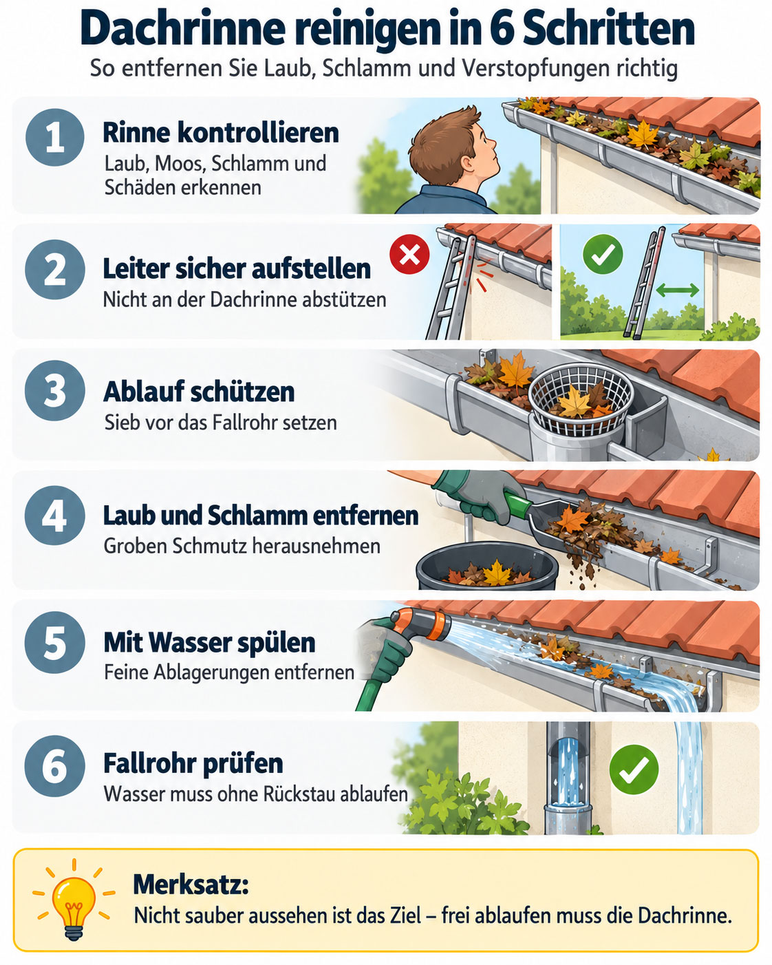 Infografik zur Dachrinnenreinigung in sechs Schritten &ndash; von der Kontrolle &uuml;ber das Entfernen von Laub und Schlamm bis zur Pr&uuml;fung des Fallrohrs.