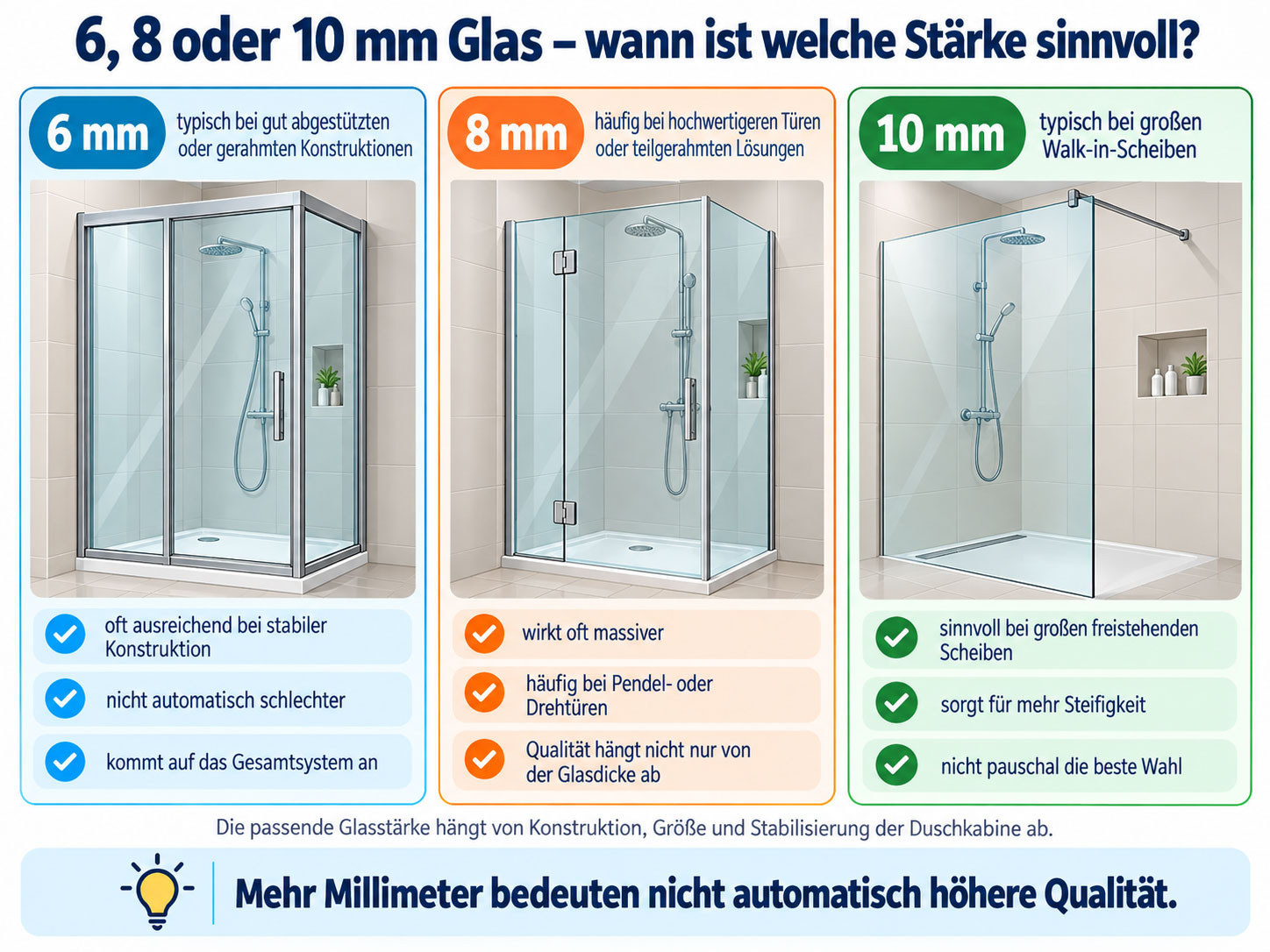 Vergleich von Duschkabinen mit 6, 8 und 10 Millimeter starkem Glas und typischen Einsatzbereichen.
