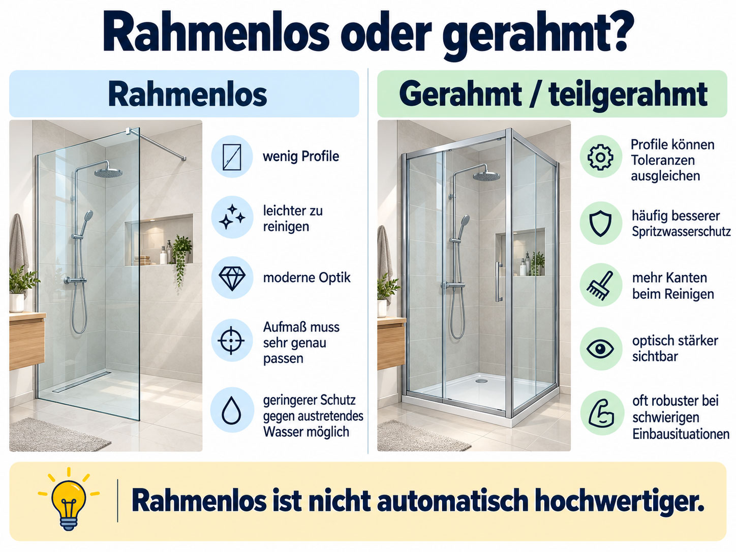 Vergleich zwischen rahmenloser und gerahmter Duschkabine mit Vor- und Nachteilen bei Reinigung, Aufma&szlig; und Spritzwasserschutz.