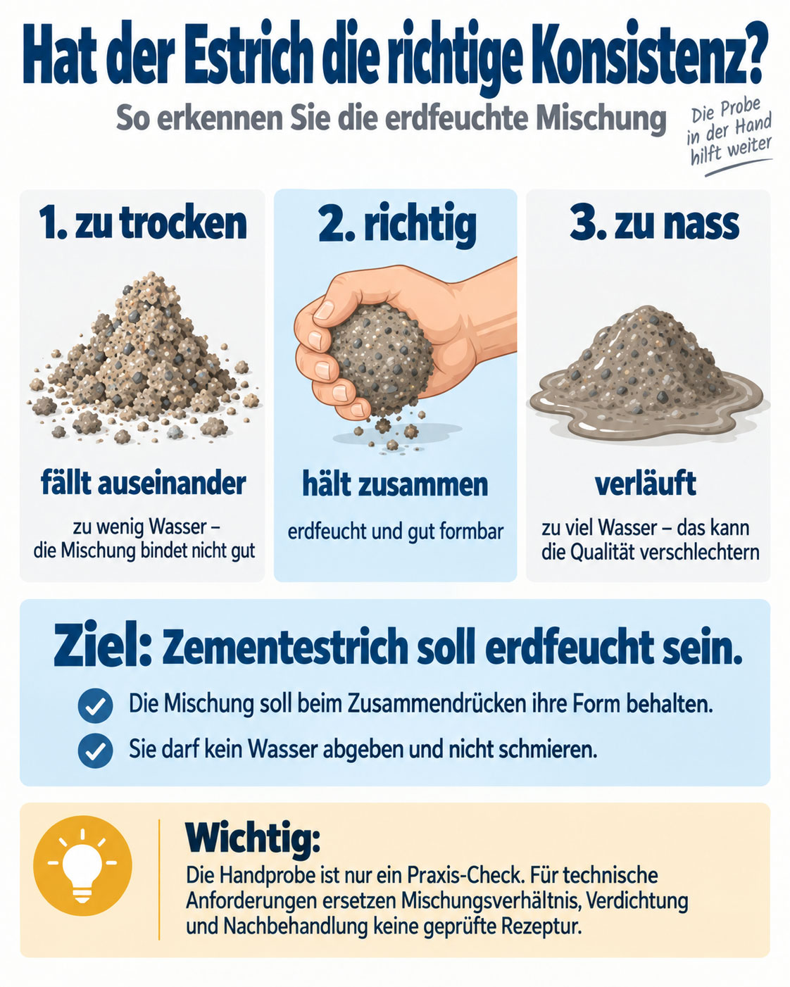 Infografik zur richtigen Konsistenz von Zementestrich mit den Zuständen zu trocken, richtig erdfeucht und zu nass.