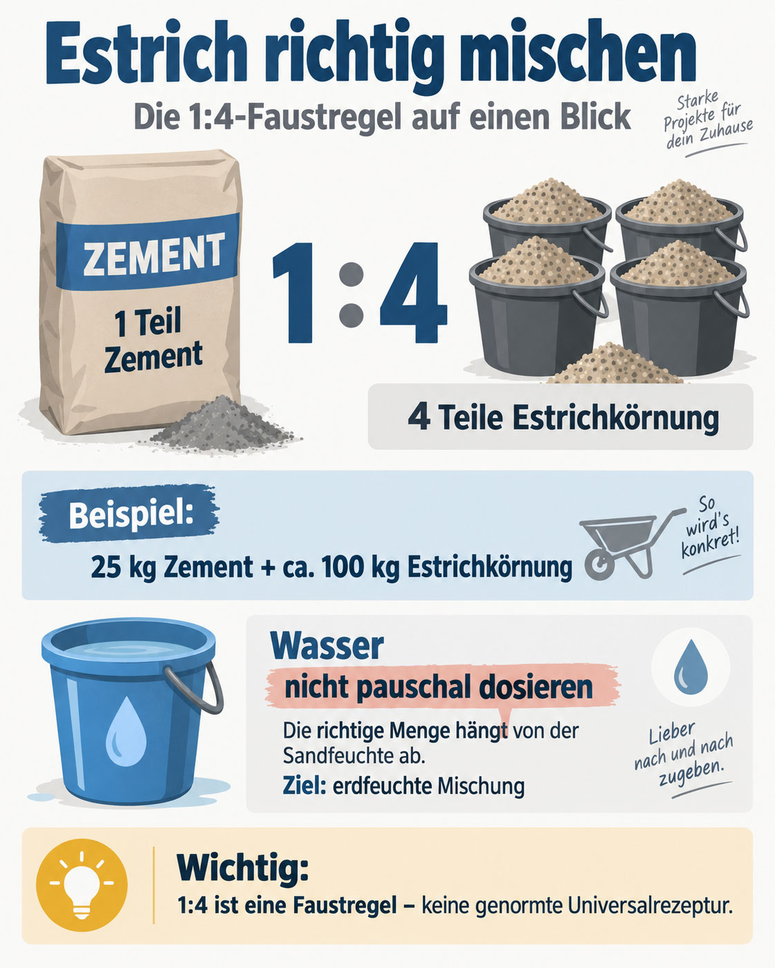 Infografik zum Mischungsverhältnis von Zementestrich: 1 Teil Zement auf 4 Teile Estrichkörnung, beispielsweise 25 kg Zement und 100 kg Körnung.
