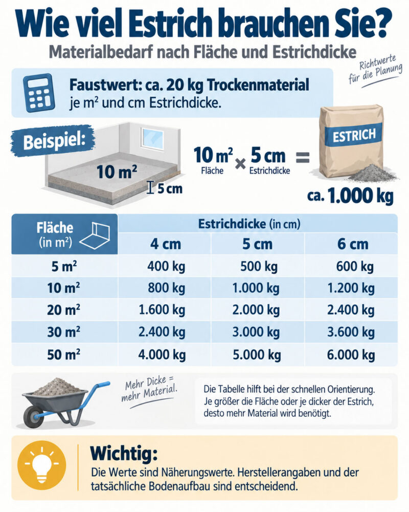 Tabelle zum Estrichbedarf für Flächen von 5 bis 50 m² und Estrichdicken von 4, 5 und 6 cm mit Materialmengen in Kilogramm.