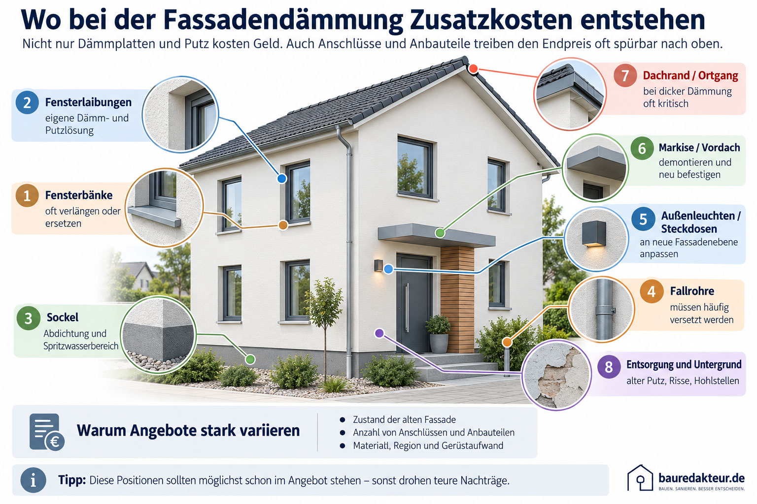 Zusatzkosten bei der Fassadendämmung entstehen häufig an den Details: Fensterbänke, Laibungen, Sockel, Fallrohre, Außenleuchten, Vordächer und Dachanschlüsse müssen an den neuen Fassadenaufbau angepasst werden. Auch Untergrundschäden und die Entsorgung alten Putzes können die Rechnung erhöhen.