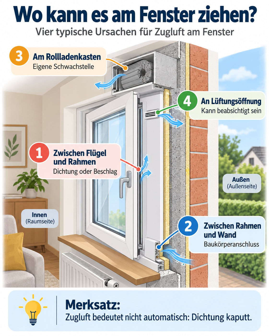 Infografik zeigt vier mögliche Ursachen für Zugluft am Fenster: Dichtung oder Beschlag, Baukörperanschluss, Rollladenkasten und Lüftungsöffnung.