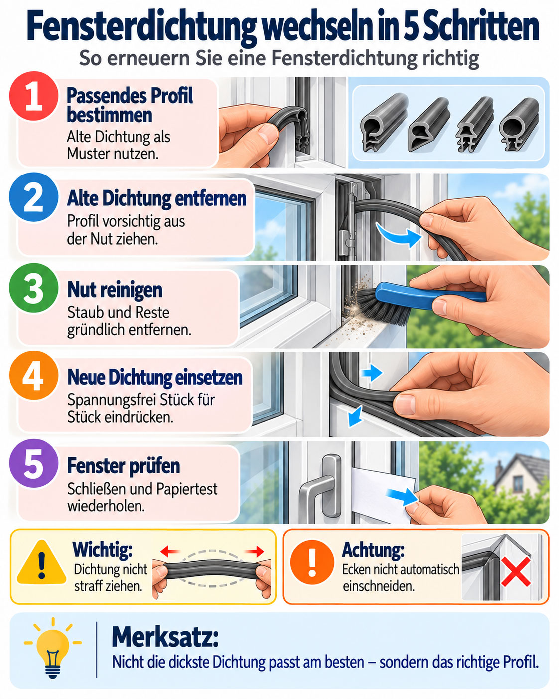 Infografik zeigt den Wechsel einer Fensterdichtung in fünf Schritten vom Bestimmen des Profils bis zum abschließenden Papiertest.