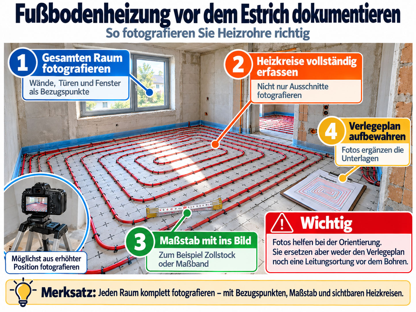 Grafik zur Dokumentation einer Fußbodenheizung vor dem Estrich mit Gesamtansicht, Heizkreisen, Maßstab und Verlegeplan.