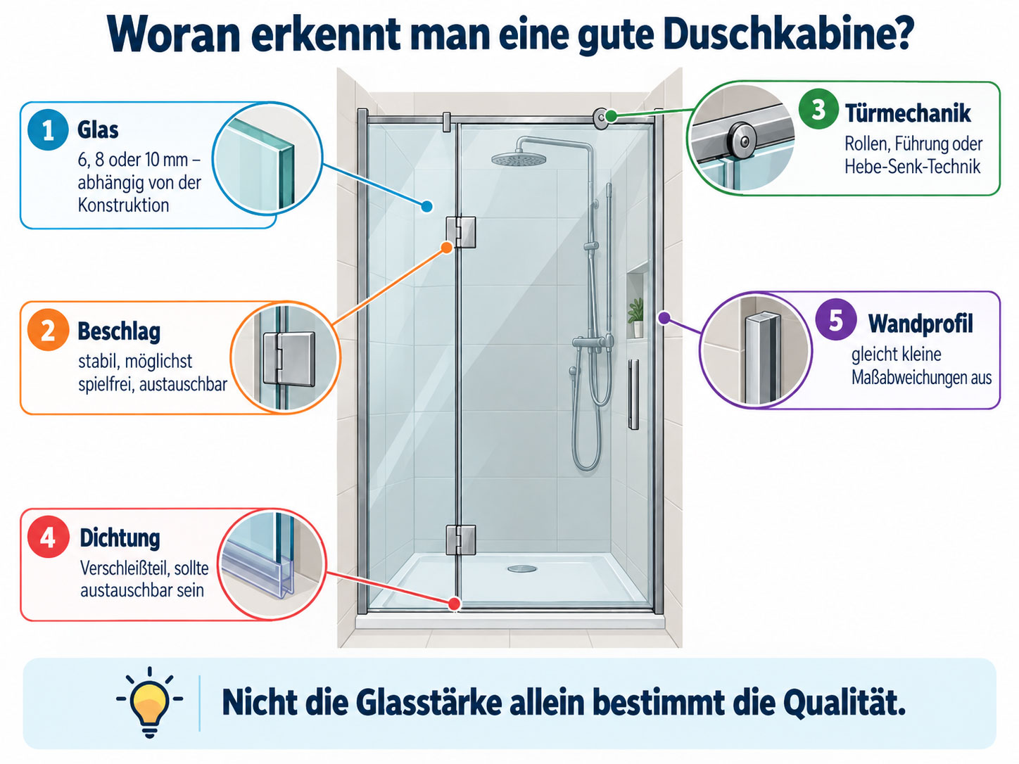 Infografik zu Qualit&auml;tsmerkmalen einer Duschkabine mit Glas, Beschl&auml;gen, T&uuml;rmechanik, Dichtung und Wandprofil.