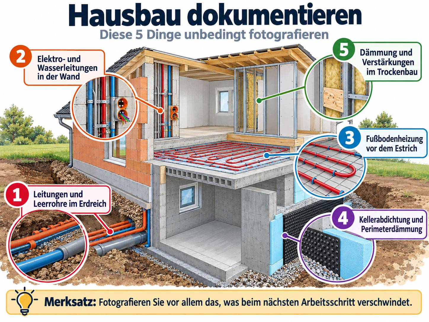 Grafik mit fünf wichtigen Fotomotiven beim Hausbau: Leitungen im Erdreich, Installationen in der Wand, Fußbodenheizung, Kellerabdichtung und Trockenbau.