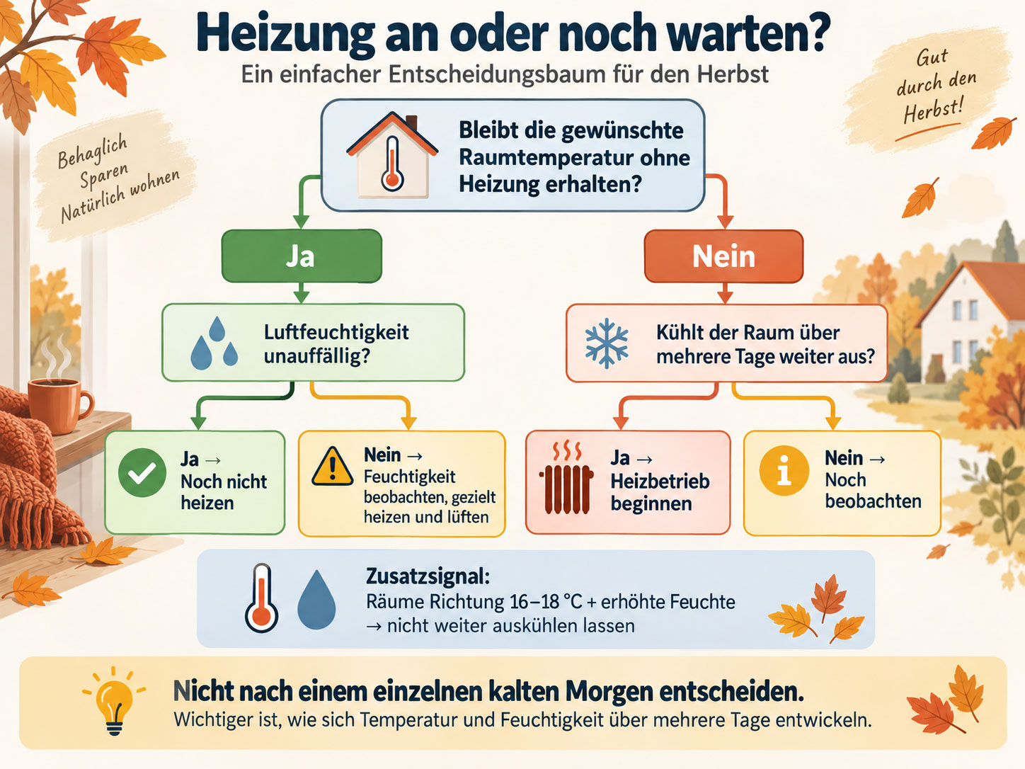 Entscheidungsbaum zum Heizbeginn im Herbst mit Raumtemperatur, Luftfeuchtigkeit und mehrt&auml;giger Ausk&uuml;hlung als Kriterien daf&uuml;r, ob die Heizung eingeschaltet werden sollte.