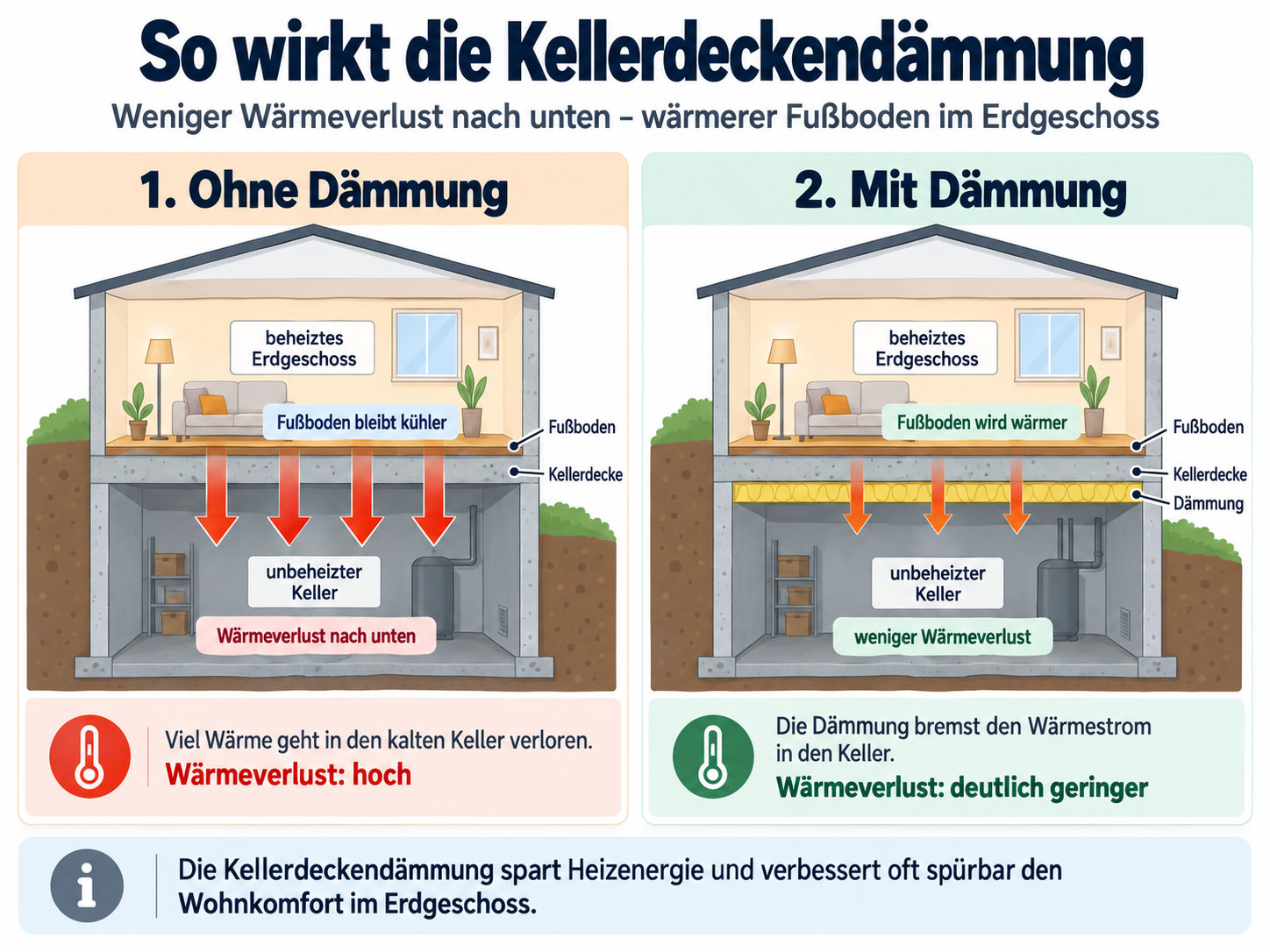 Hausquerschnitt im Vergleich: ungedämmte Kellerdecke mit hohem Wärmeverlust und gedämmte Kellerdecke mit geringerem Wärmeabfluss und wärmerem Fußboden im Erdgeschoss.