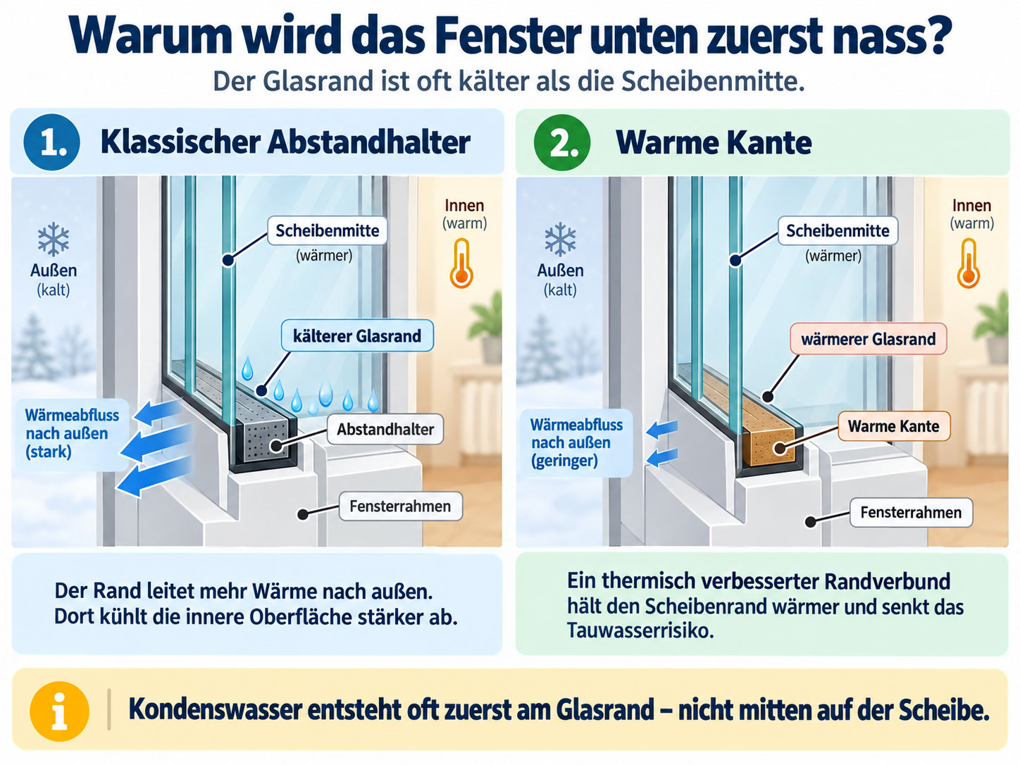 Vergleich von klassischem Abstandhalter und Warmer Kante bei Isolierglas: Der klassische Abstandhalter k&uuml;hlt den Glasrand st&auml;rker aus, w&auml;hrend die Warme Kante ihn w&auml;rmer h&auml;lt.