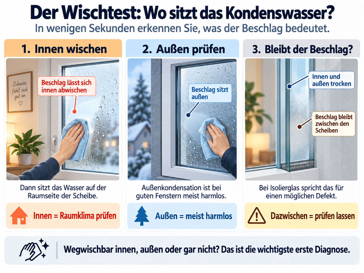 Infografik zum Wischtest bei beschlagenen Fenstern: innen abwischbar bedeutet Raumklima pr&uuml;fen, au&szlig;en meist harmlos, zwischen den Scheiben m&ouml;glicher Defekt des Isolierglases.