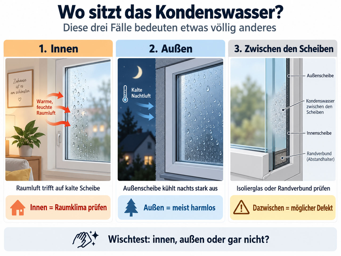 Infografik mit drei Fenstern: Kondenswasser innen durch feuchte Raumluft, Au&szlig;enbeschlag durch ausgek&uuml;hlte Scheibe und Feuchtigkeit zwischen den Scheiben als m&ouml;glicher Defekt.