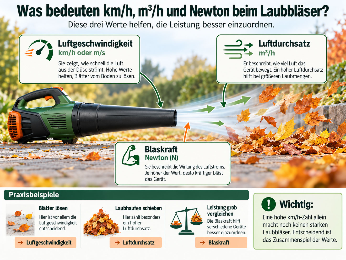 Luftgeschwindigkeit, Luftdurchsatz und Blaskraft beschreiben unterschiedliche Eigenschaften eines Laubbl&auml;sers. Erst ihr Zusammenspiel zeigt, wie gut sich Bl&auml;tter l&ouml;sen und gr&ouml;&szlig;ere Laubmengen bewegen lassen.