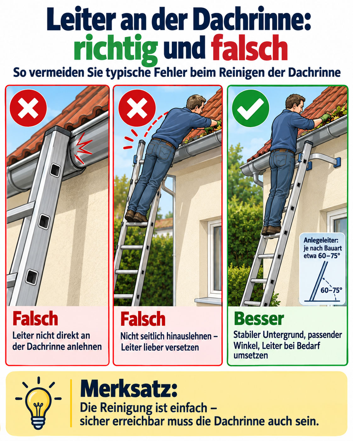 Infografik zeigt falsche und sichere Nutzung einer Leiter bei der Dachrinnenreinigung, einschlie&szlig;lich Abstand zur Rinne und richtigem Anstellwinkel.