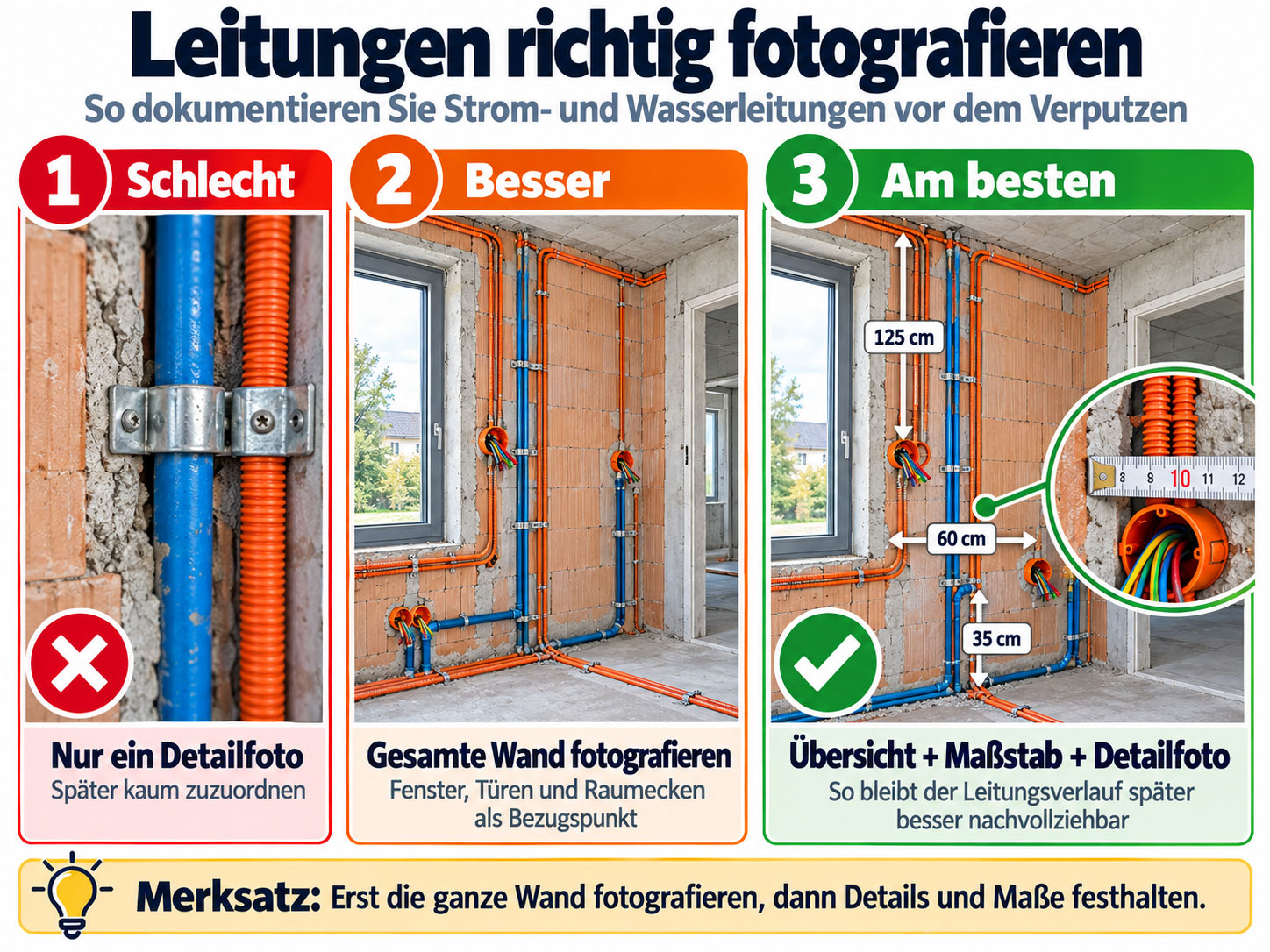 Vergleichsgrafik zur Fotodokumentation von Leitungen: Detailfoto, Gesamtansicht der Wand und Aufnahme mit Maßstab und Bezugspunkten.