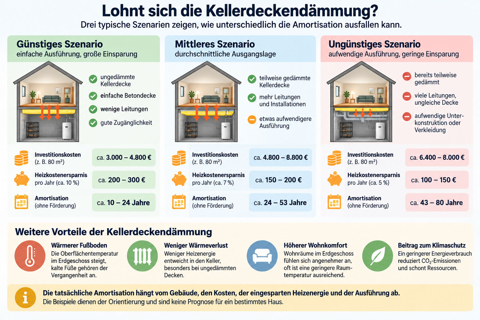 Infografik mit drei Wirtschaftlichkeitsszenarien für eine Kellerdeckendämmung: niedrige, mittlere und hohe Investition im Vergleich zu Heizkostenersparnis und Amortisationsdauer.
