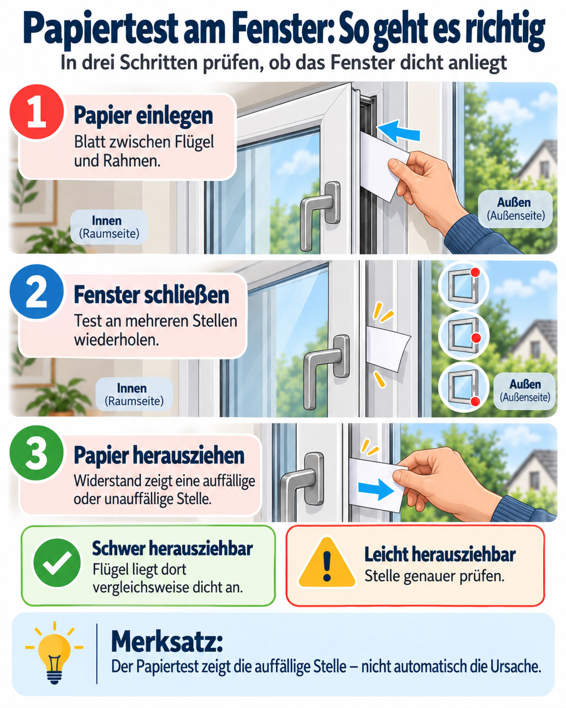 Infografik zum Papiertest am Fenster: Papier zwischen Flügel und Rahmen einlegen, Fenster schließen und Widerstand beim Herausziehen prüfen.