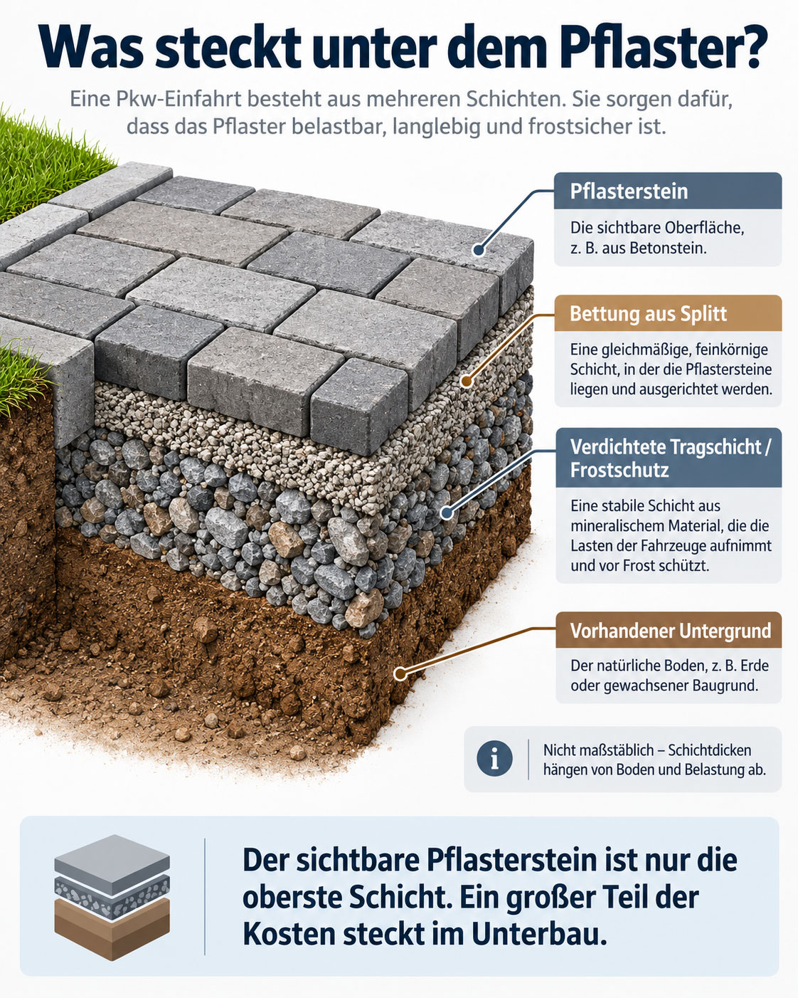 Querschnitt einer gepflasterten Pkw-Einfahrt mit Pflastersteinen, Splittbettung, Tragschicht und Untergrund.