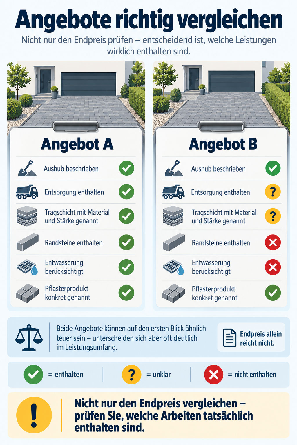 Infografik vergleicht zwei Angebote f&uuml;r Pflasterarbeiten anhand enthaltener, unklarer und fehlender Leistungen.