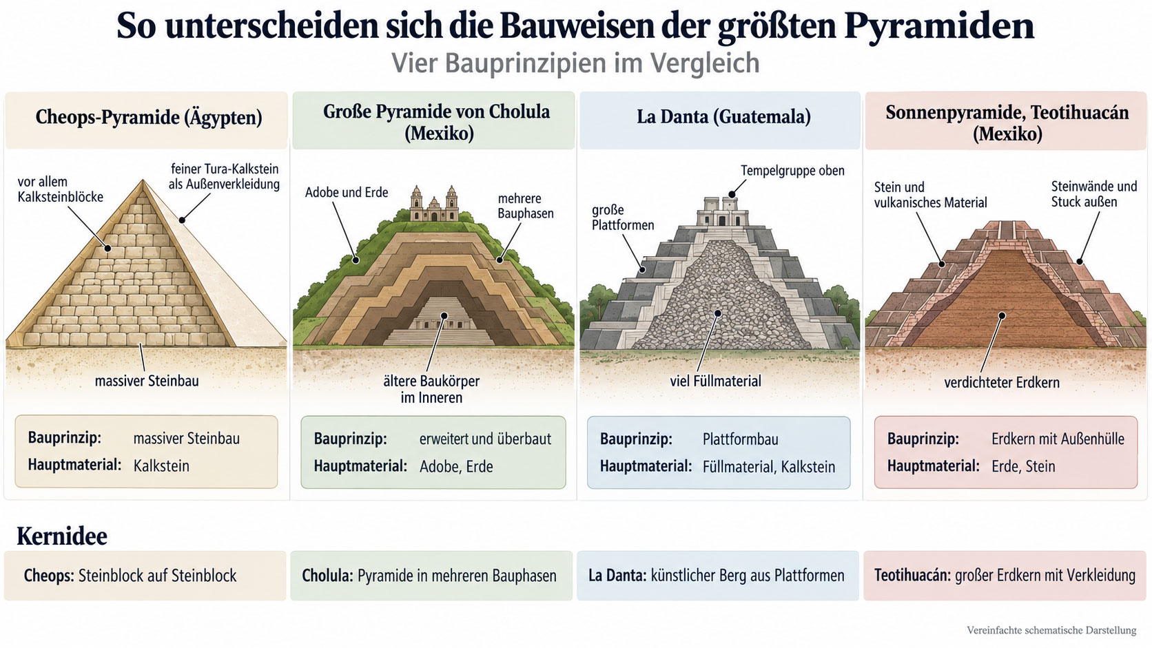 Schematischer Vergleich der Bauweisen von Cheops-Pyramide, Cholula, La Danta und Sonnenpyramide mit Kalkstein, Adobe, F&uuml;llmaterial und Erdkern.