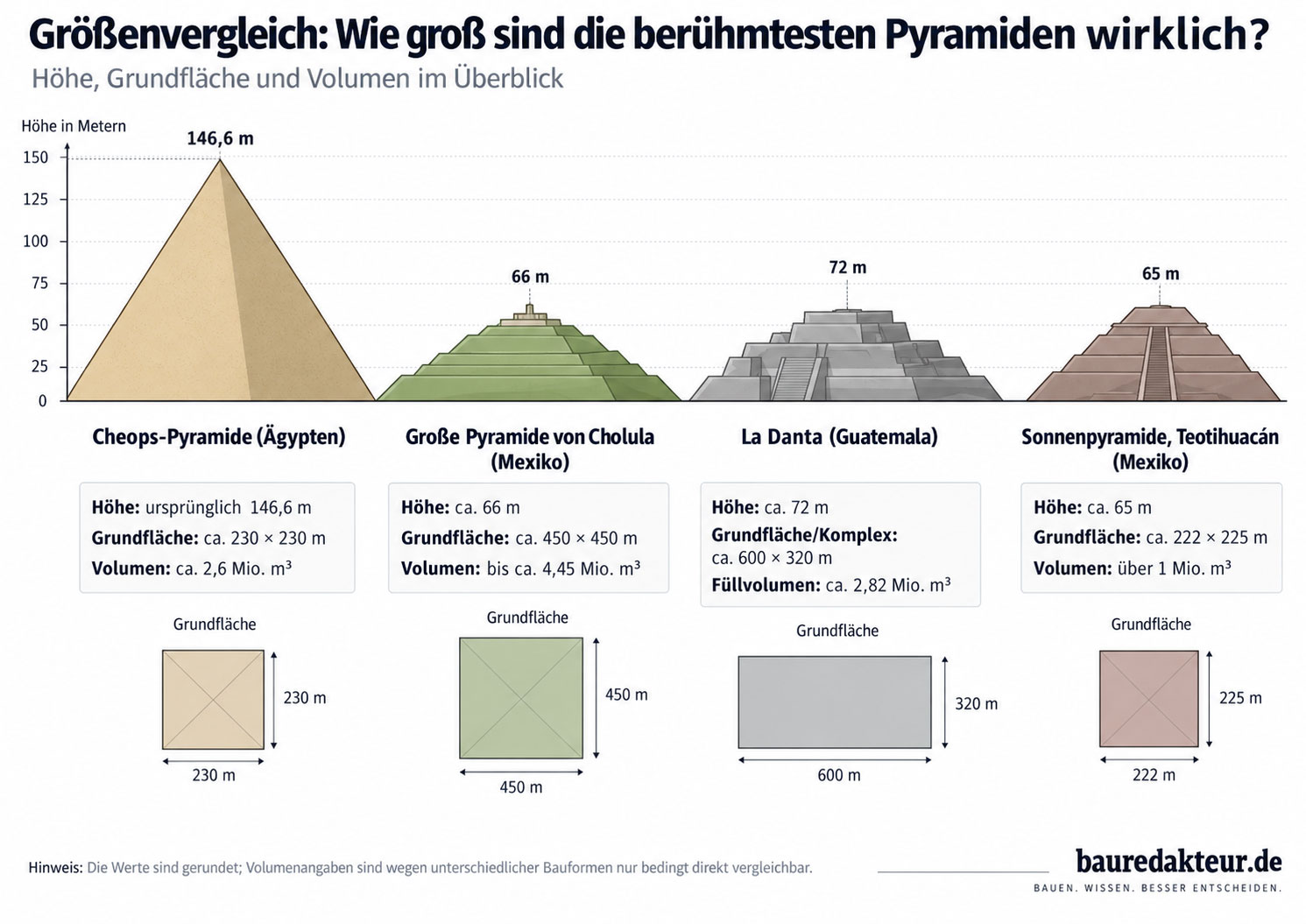 Gr&ouml;&szlig;envergleich von Cheops-Pyramide, Gro&szlig;er Pyramide von Cholula, La Danta und Sonnenpyramide mit Angaben zu H&ouml;he, Grundfl&auml;che und Volumen.