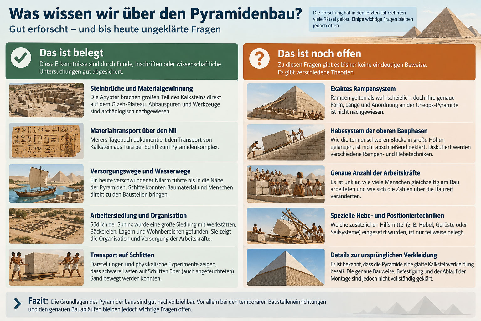 Infografik zu gesicherten und offenen Fragen beim Bau der Cheops-Pyramide, darunter Steinbr&uuml;che, Niltransport, Arbeitersiedlung, Schlitten sowie ungekl&auml;rte Rampen- und Hebesysteme.